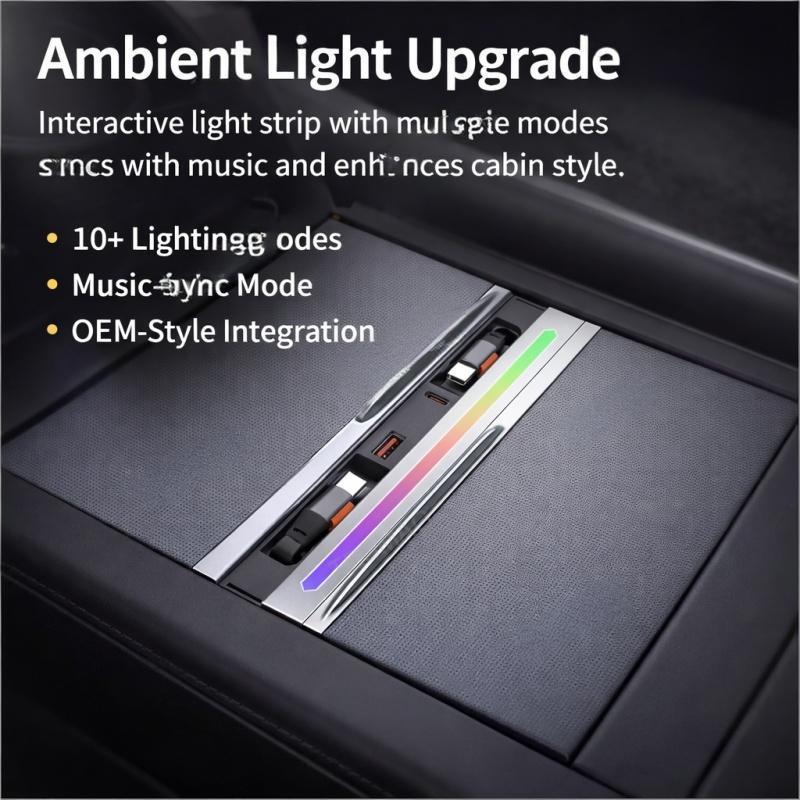 Retractable Fast Charging USB Hub Dock with Ambient Light for Tesla Model 3 Highland/Model Y Juniper