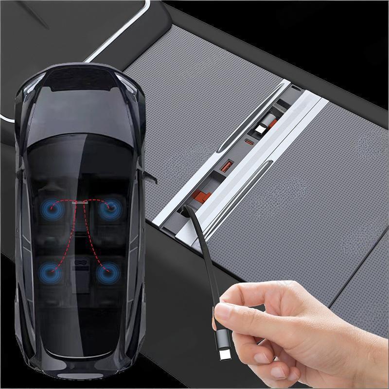 Retractable Fast Charging USB Hub Dock with Ambient Light for Tesla Model 3 Highland/Model Y Juniper